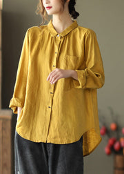 Fine Yellow Peter Pan Collar Button Linen Shirts Long Sleeve