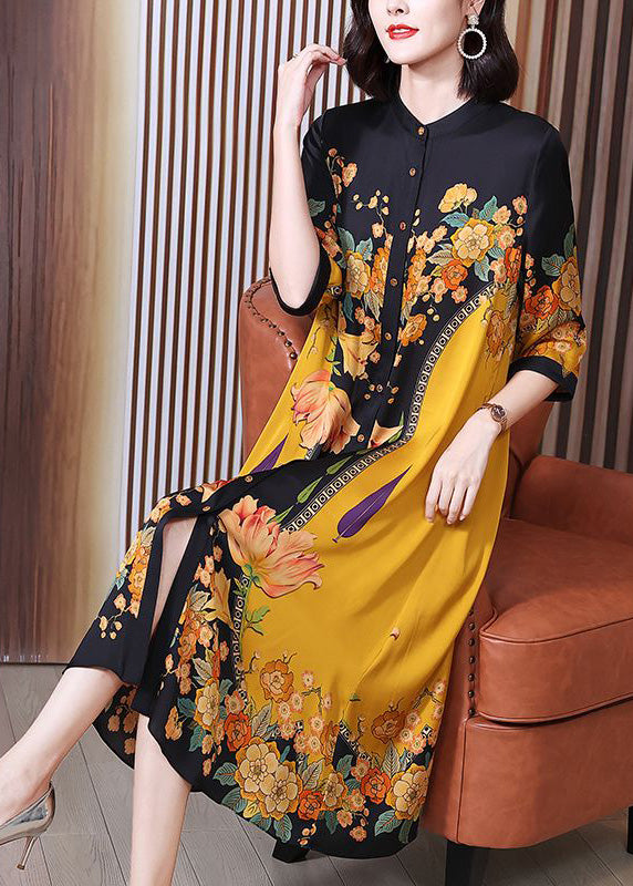 Fine Yellow Print Button Silk Long Shirts Dresses Summer