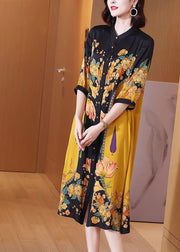 Fine Yellow Print Button Silk Long Shirts Dresses Summer