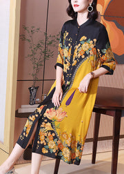 Fine Yellow Print Button Silk Long Shirts Dresses Summer