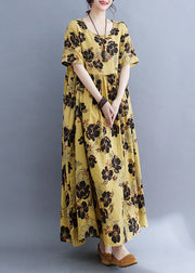 Fine Yellow Print Patchwork Wrinkled Long Dresses Summer