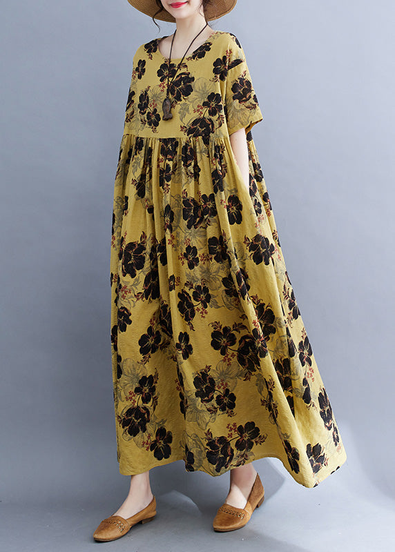 Fine Yellow Print Patchwork Wrinkled Long Dresses Summer