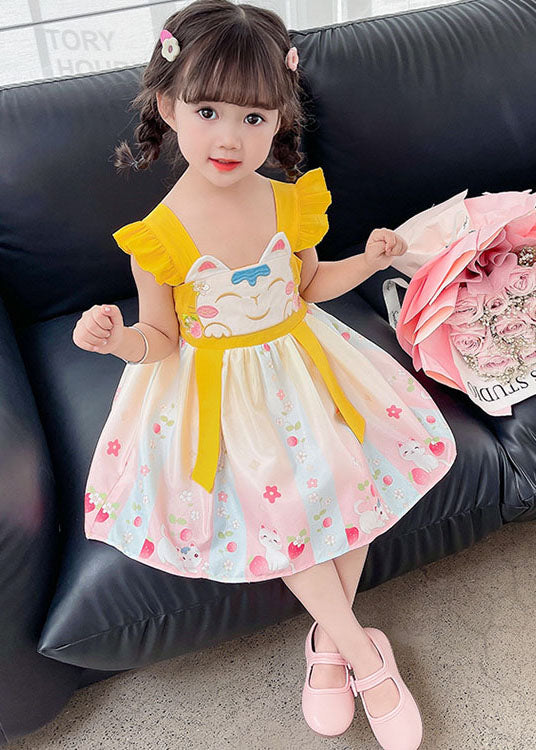 Fine Yellow Ruffled Embroideried Patchwork Cotton Baby Girls Dresses Summer