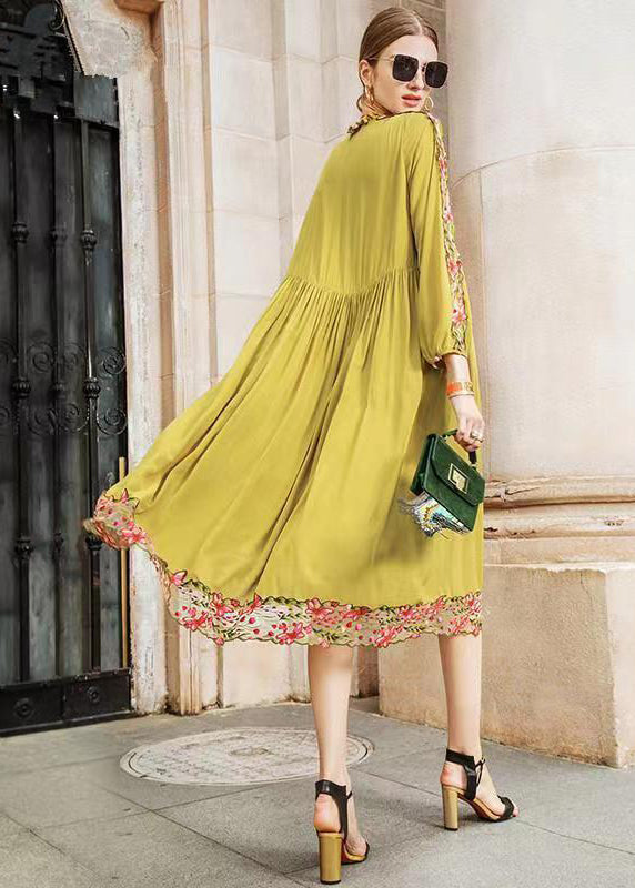 Fine Yellow Ruffled Embroideried Wrinkled Patchwork Chiffon Dress Fall