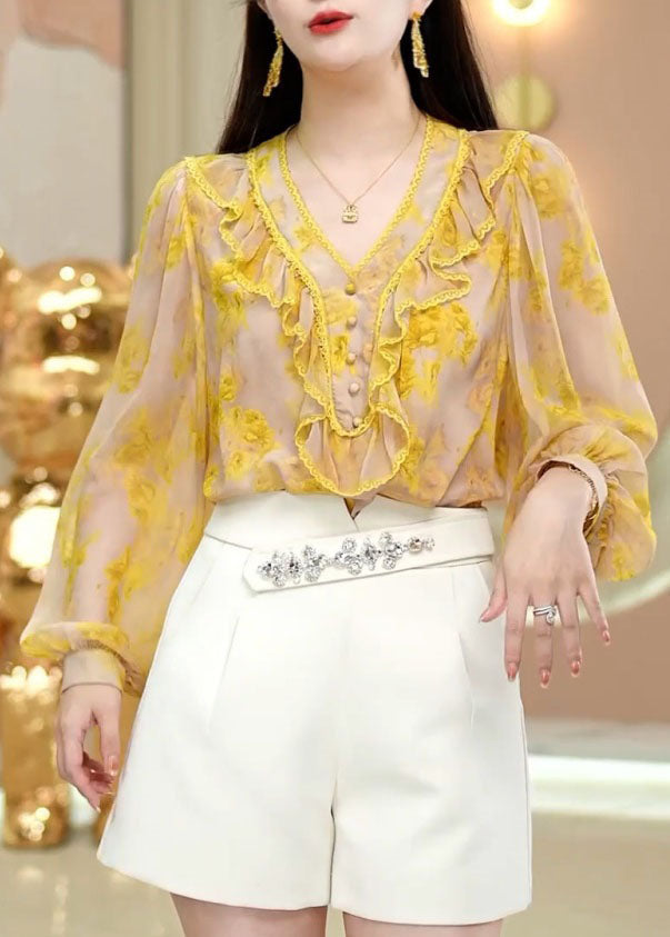 Fine Yellow V Neck Ruffled Print Chiffon Top Spring