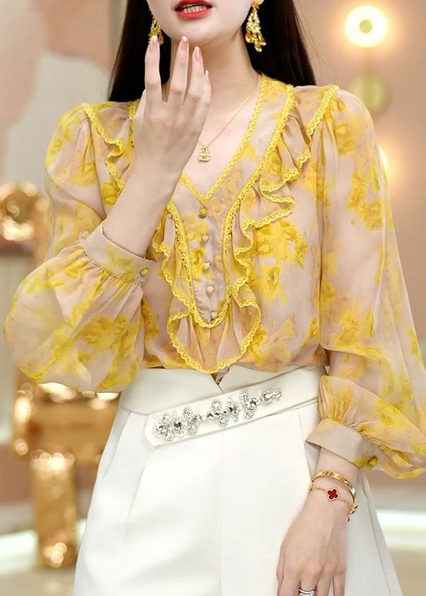 Fine Yellow V Neck Ruffled Print Chiffon Top Spring