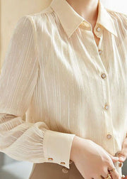 Fitted Apricot Peter Pan Collar Button Patchwork Chiffon Shirts Spring