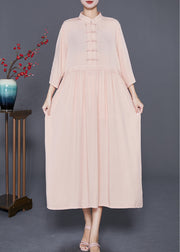 Fitted Apricot Stand Collar Chinese Button Linen Dress Bracelet Sleeve