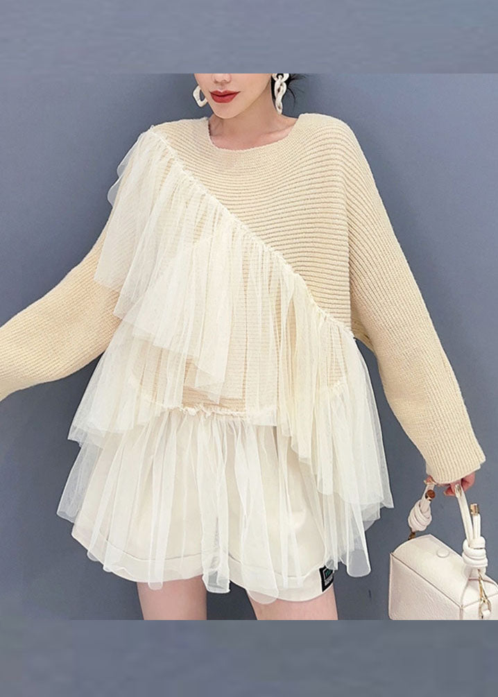 Fitted Beige O-Neck Asymmetrical Tulle Patchwork Knit Tops Fall