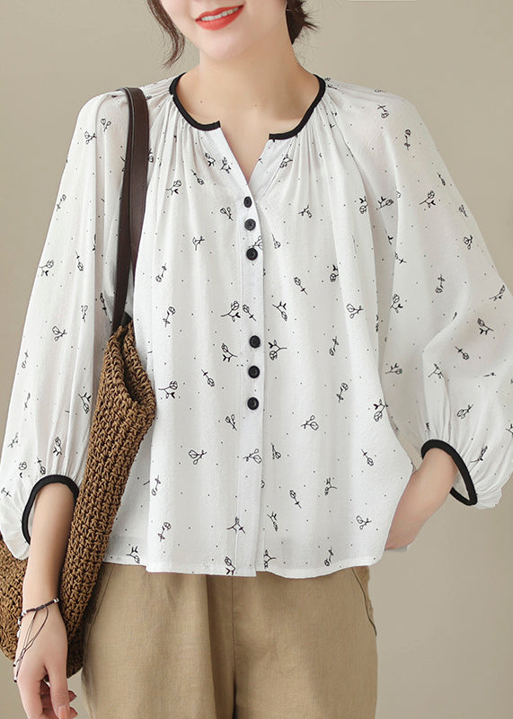 Fitted Beige Oversized Print Cotton Blouses Lantern Sleeve