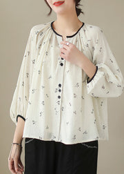 Fitted Beige Oversized Print Cotton Blouses Lantern Sleeve