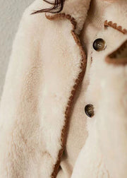 Fitted Beige Peter Pan Collar Pockets Patchwork Wool Coat Winter