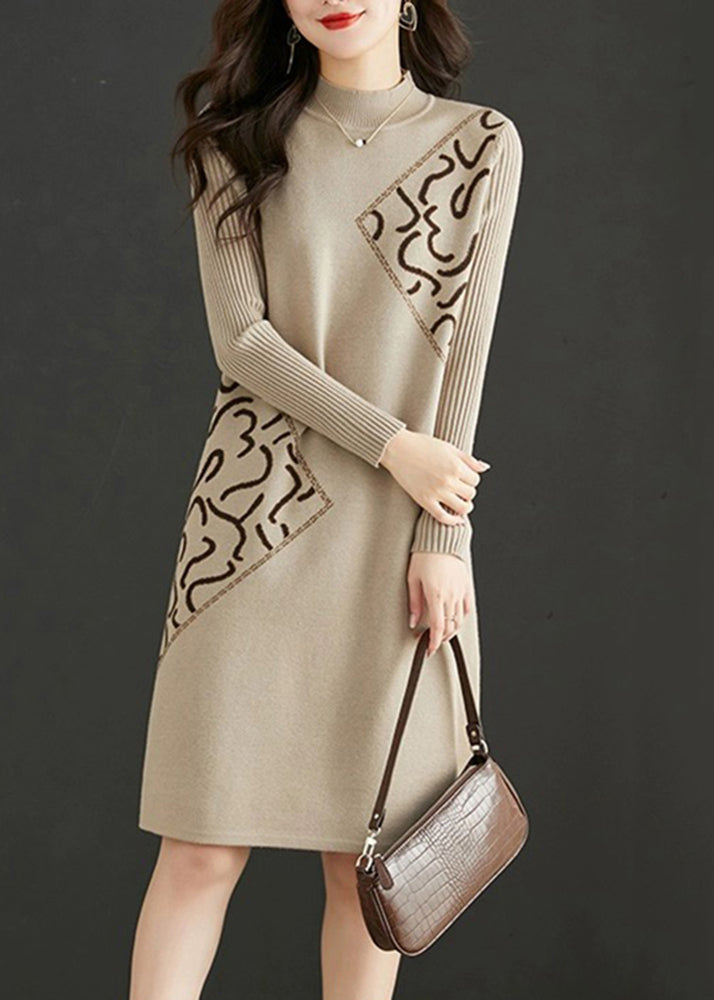 Fitted Beige Stand Collar Zircon Patchwork Knit Dress Fall