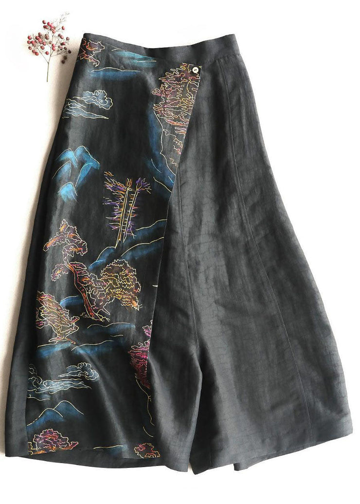 Fitted Black Asymmetrical Design Print Silk Wide Leg Crop Pants Summer