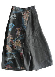 Fitted Black Asymmetrical Design Print Silk Wide Leg Crop Pants Summer