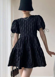 Fitted Black Backless Patchwork Cotton Mid Dress Puff Sleeve