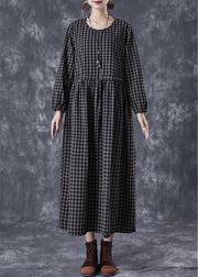 Fitted Black Cinched Plaid Linen Holiday Dress Fall