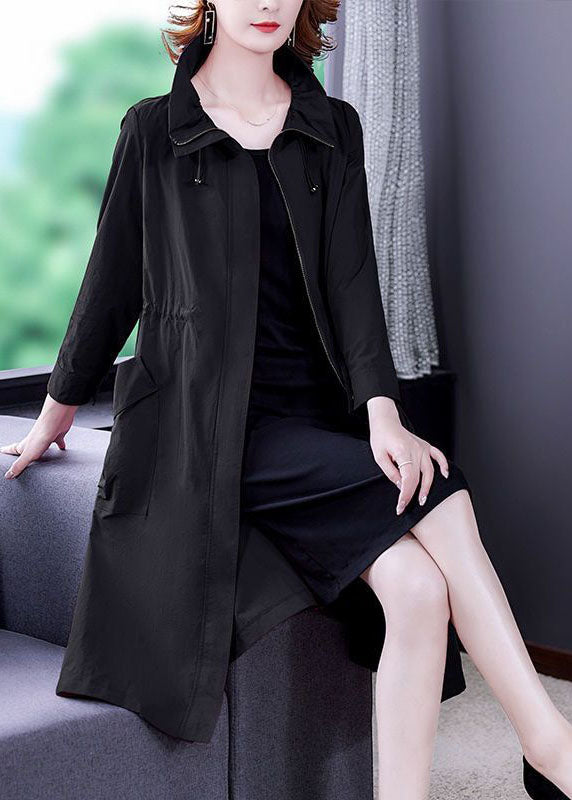 Fitted Black Drawstring Zip Up Pockets Silk Coat Long Sleeve