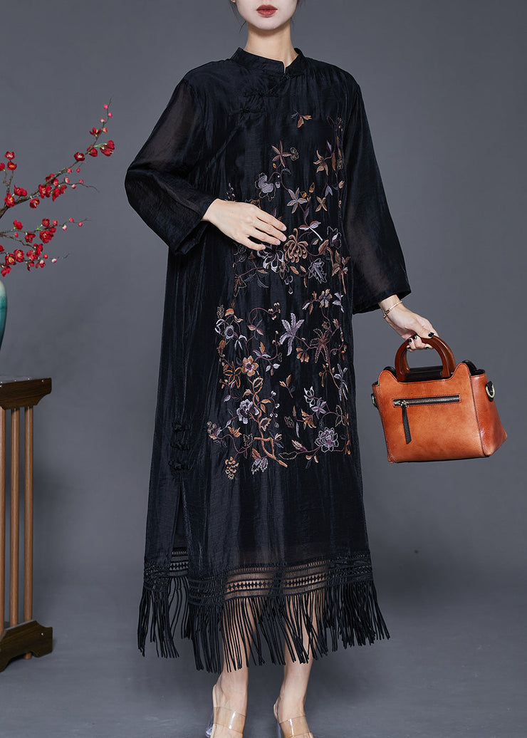 Fitted Black Embroideried Tasseled Linen Silk Ankle Dress Fall