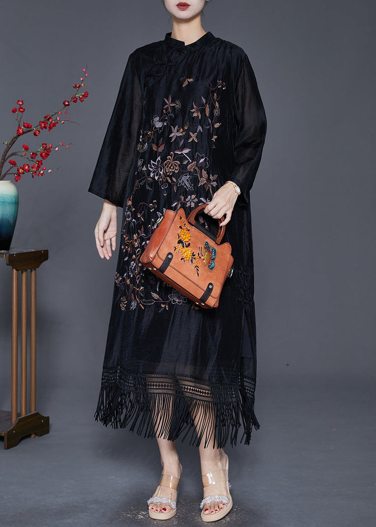 Fitted Black Embroideried Tasseled Linen Silk Ankle Dress Fall