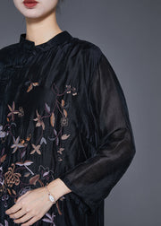 Fitted Black Embroideried Tasseled Linen Silk Ankle Dress Fall