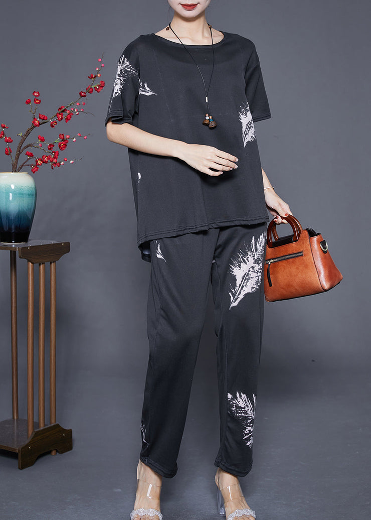 Fitted Black Oversized Feather Print Cotton Women Sets 2 Pieces Summer