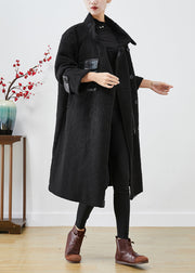 Fitted Black Oversized Patchwork Pockets Cashmere Trench Winter