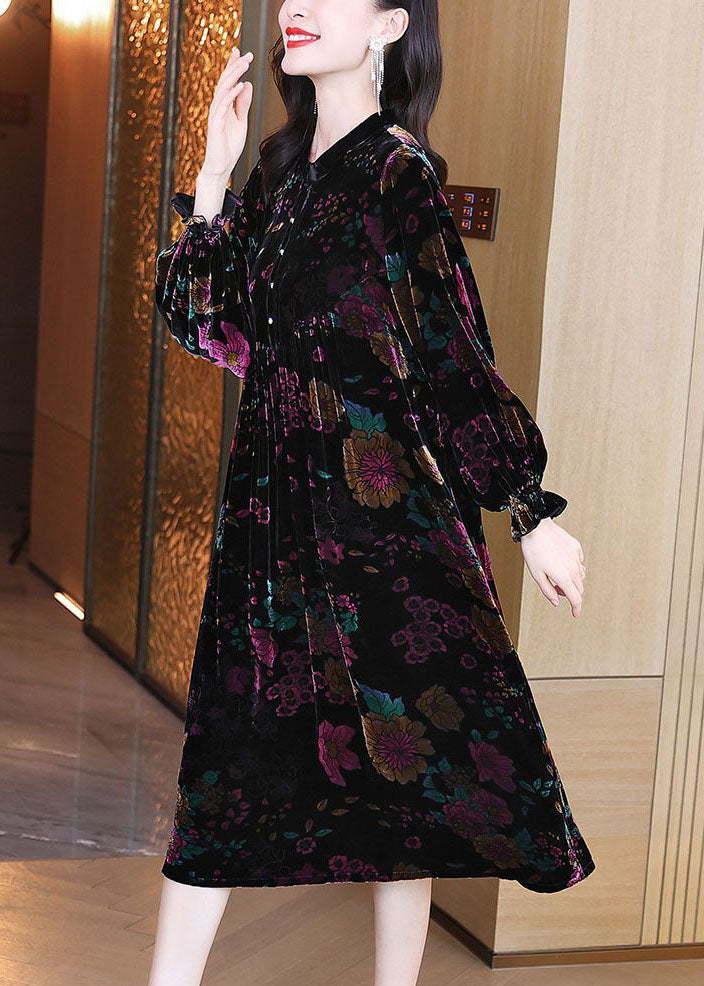 Fitted Black Oversized Patchwork Print Wrinkled Silk Velour Long Dress Spring