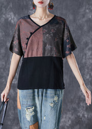 Fitted Black Patchwork Oversized Linen Shirt Top Summer