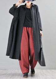 Fitted Black Peter Pan Collar Patchwork Button Linen Trench Coats Long Sleeve