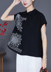 Fitted Black Peter Pan Collar Print Cotton Shirts Summer