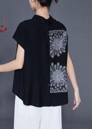 Fitted Black Peter Pan Collar Print Cotton Shirts Summer