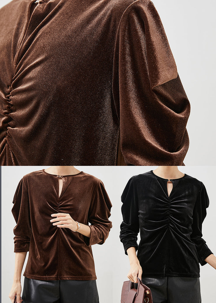 Fitted Black Puff Sleeve Wrinkled Silk Velour Shirts