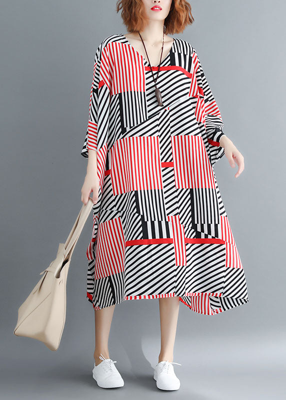 Fitted Black Red Striped Oversized Chiffon Maxi Dresses Batwing Sleeve