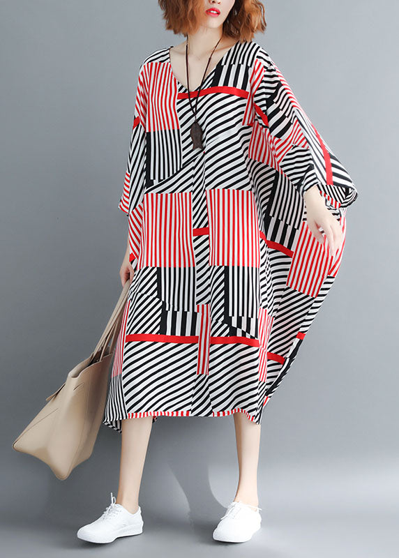 Fitted Black Red Striped Oversized Chiffon Maxi Dresses Batwing Sleeve