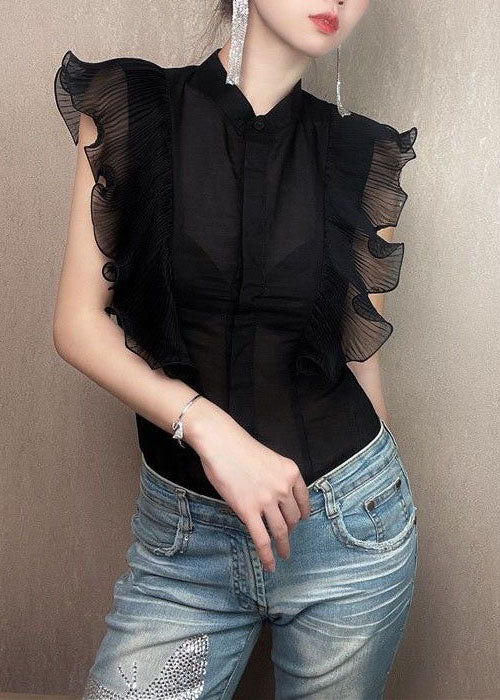 Fitted Black Ruffled Patchwork Chiffon Shirt Tops Summer