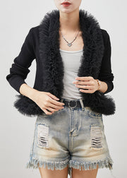 Fitted Black Ruffled Patchwork Knit Cardigan Spring