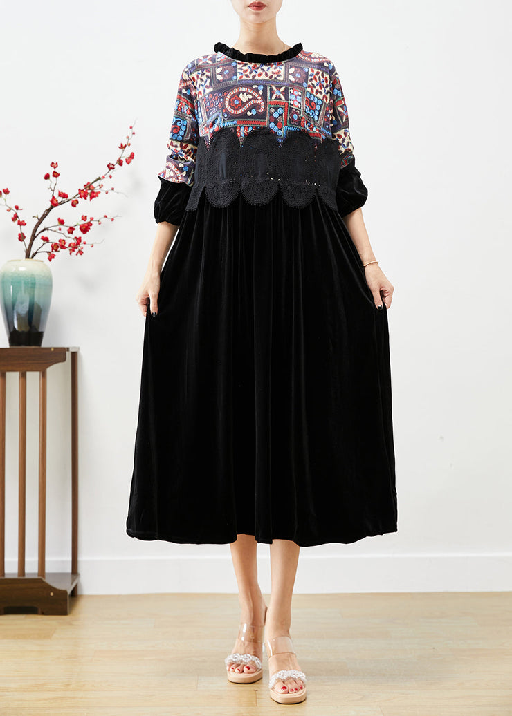 Fitted Black Ruffled Patchwork Print Silk Velour Maxi Dresses Fall