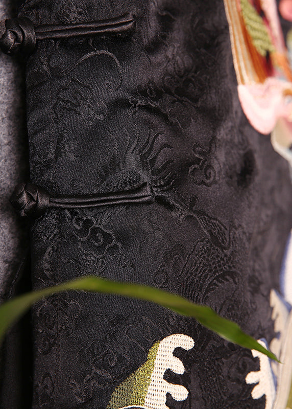 Fitted Black Stand Collar Embroideried Floral Button Waistcoat Fall