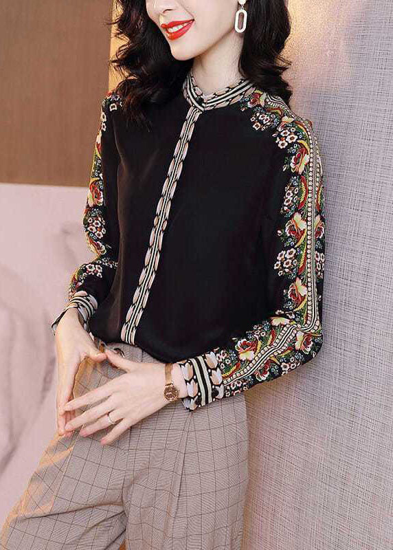 Fitted Black Stand Collar Patchwork Print Silk Shirt Spring