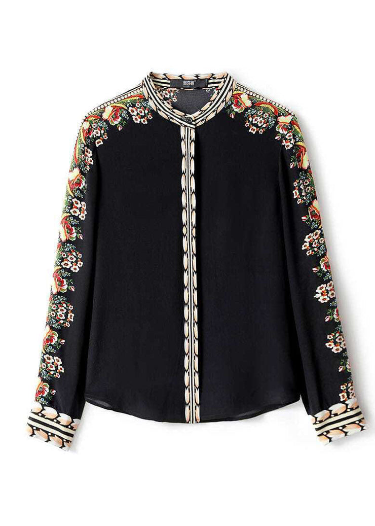 Fitted Black Stand Collar Patchwork Print Silk Shirt Spring