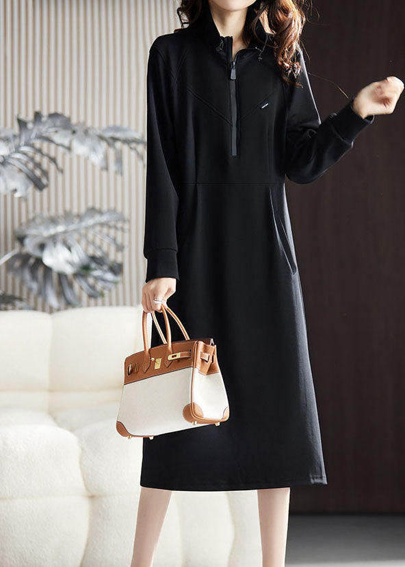 Fitted Black Stand Collar Zippered Patchwork Long Dress Fall