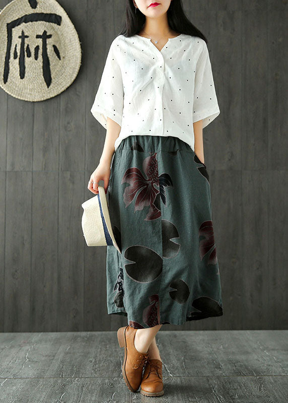 Fitted Blackish Green High Waist Pockets Print Side Open Linen Skirts Summer