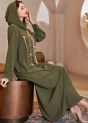 Fitted Blackish Green Sequins Patchwork Hooded Long Dresses Long Sleeve