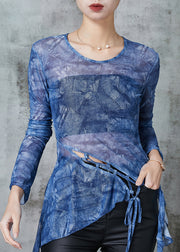 Fitted Blue Asymmetrical Tie Dye Tulle Tops Spring