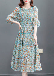 Fitted Blue Cinched Patchwork Wrinkled Chiffon Long Dresses Summer