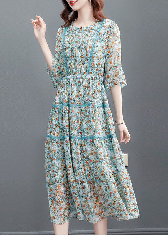 Fitted Blue Cinched Patchwork Wrinkled Chiffon Long Dresses Summer