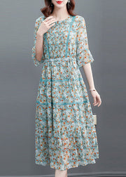 Fitted Blue Cinched Patchwork Wrinkled Chiffon Long Dresses Summer