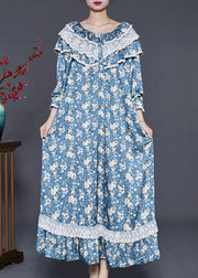 Fitted Blue Double-layer Print Cotton Robe Dresses Fall