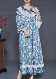 Fitted Blue Double-layer Print Cotton Robe Dresses Fall